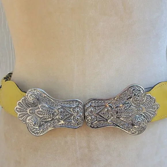 Avignon triple strand leather belt Wide Silver Buckle wmns sz sm yellow - Picture 6 of 7